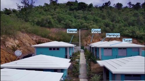 a group of blue buildings on top of a hill at Villas at Chalet De Buye in Cabo Rojo