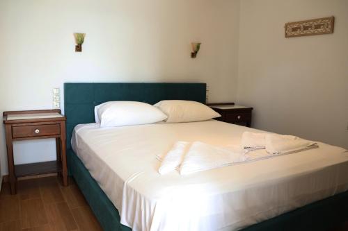 1 dormitorio con 1 cama con 2 almohadas en Christy's House Sea View, en Agios Andreas