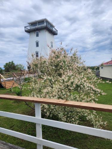 a lighthouse with a flowering bush in front of it at Baywatch Lighthouse Cottages & Motel in Brackley Beach