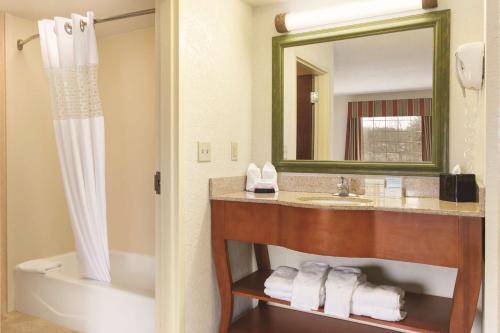 a bathroom with a sink and a mirror at Hampton Inn & Suites Greenfield in Greenfield