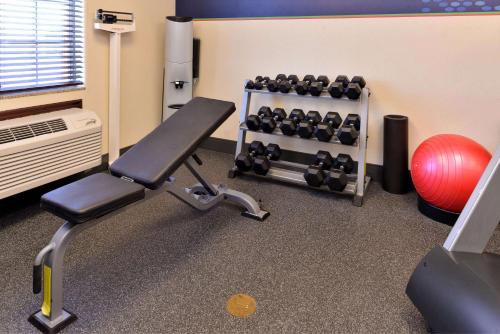 a gym with a bench and a rack of weights at Hampton Inn Grand Island in Grand Island