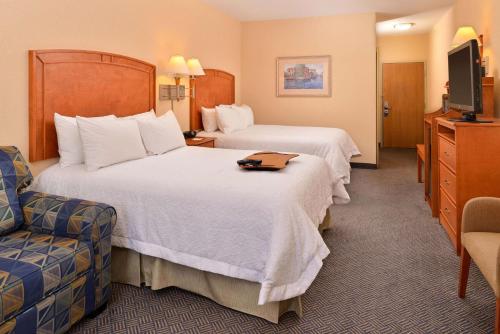 a hotel room with two beds and a chair at Hampton Inn Grand Island in Grand Island