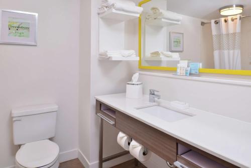 a bathroom with a toilet and a sink with a mirror at Hampton Inn Greensboro East / McLeansville in McLeansville