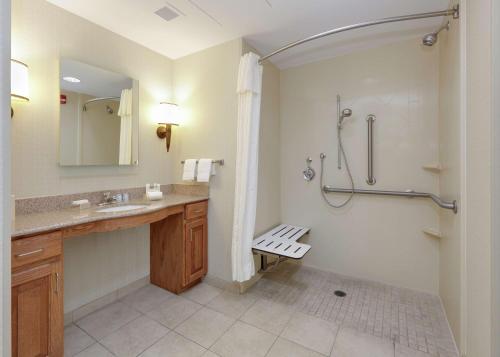 a bathroom with a shower and a sink and a mirror at Homewood Suites Hagerstown in Hagerstown