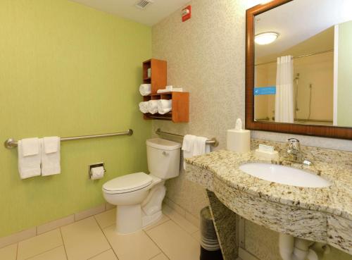 a bathroom with a toilet and a sink and a mirror at Hampton Inn Hickory in Hickory