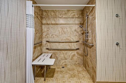 a bathroom with a shower with a bench in it at Hampton Inn Houston Baytown in Baytown