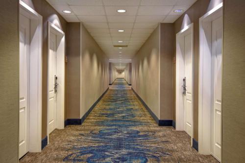 a hallway in a building with a rug on the floor at Homewood Suites By Hilton HOU Intercontinental Airport in Houston