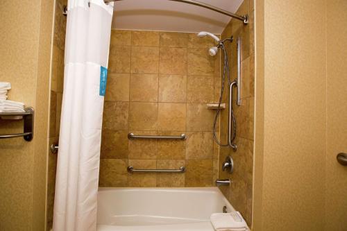 y baño con bañera y ducha con cortina de ducha. en Hampton Inn & Suites Houston Rosenberg, en Rosenberg