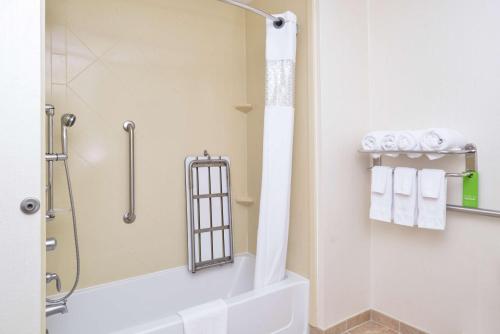 a bathroom with a shower and a toilet and towels at Hampton Inn Harrison in Harrison