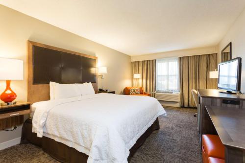 a hotel room with a bed and a flat screen tv at Hampton Inn Havelock in Havelock