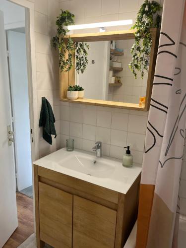 uma casa de banho com um lavatório e um espelho em Chambre double cassis em Cassis