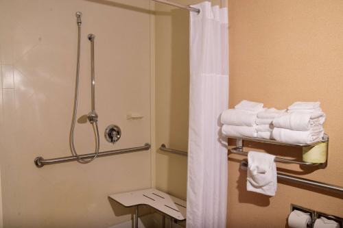 a bathroom with a shower and a pile of towels at Hampton Inn Indiana in Indiana
