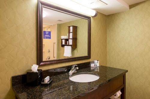 a bathroom with a sink and a large mirror at Hampton Inn Winston-Salem Hanes Mall in Winston-Salem