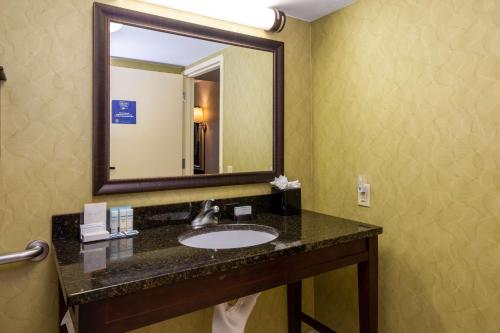a bathroom with a sink and a mirror at Hampton Inn Winston-Salem Hanes Mall in Winston-Salem