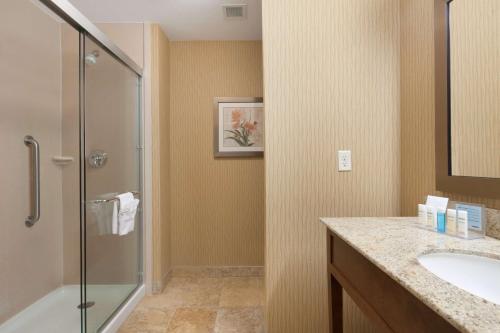 ein Bad mit einer Dusche und einem Waschbecken in der Unterkunft Hampton Inn & Suites Williston in Williston