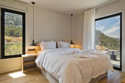 a bedroom with a large bed with a large window at Aposperia Memorable Living in Kyra Panagia