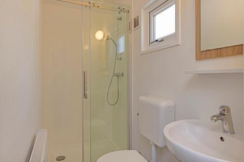 een badkamer met een douche, een toilet en een wastafel bij lodge De Winterkoning in Nunspeet