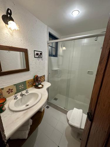 uma casa de banho com um lavatório e um chuveiro em A Casa Vermelha Hospedaria em Tiradentes
