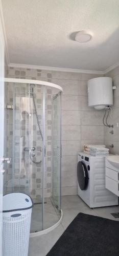a bathroom with a shower and a washing machine at Villa Bali - Aladinici in Stolac
