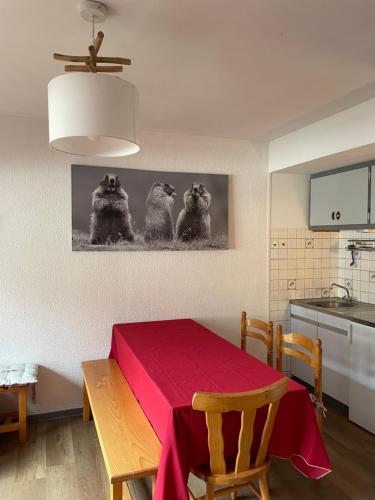 a kitchen with a table with a red table cloth on it at Appartement pied des pistes Champagny-en-Vanoise in Champagny-en-Vanoise