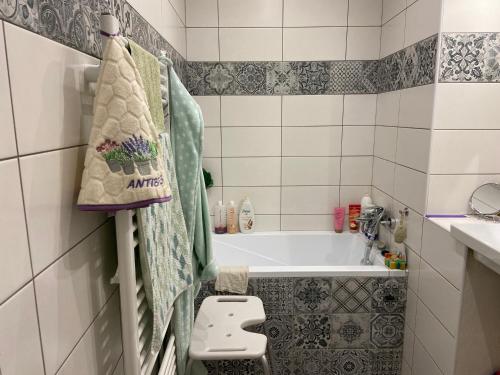 uma pequena casa de banho com uma banheira e um lavatório em Ubytování u babičky em Peruc