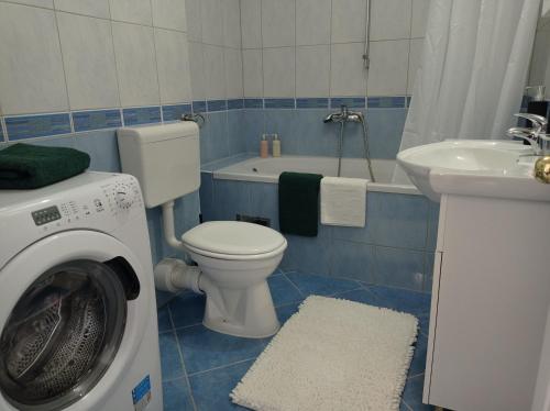 a bathroom with a toilet and a sink and a washing machine at City Apartment Dora in Makarska
