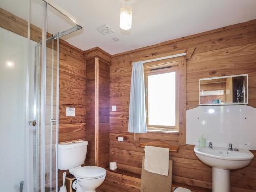 a bathroom with wooden walls and a toilet and a sink at Dailfearn Chalet in Stromeferry