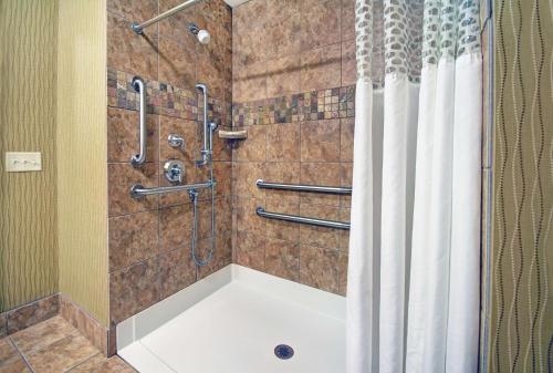 a bathroom with a shower with a shower curtain at Hampton Inn Beloit in Beloit
