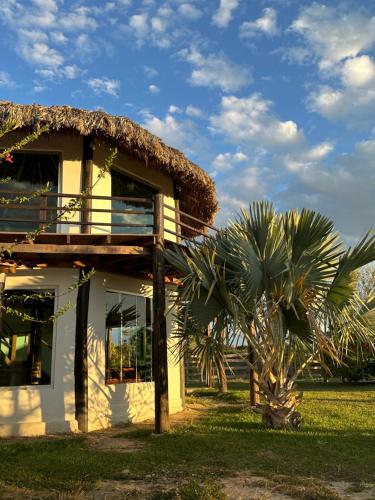 uma casa com telhado de palha ao lado de uma palmeira em Pousada/Camping Mirante Serrano em Alto Paraíso de Goiás
