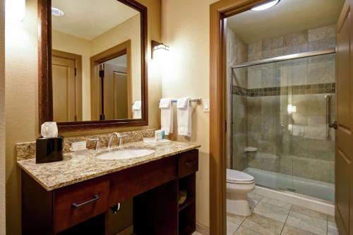 a bathroom with a sink and a toilet and a mirror at Homewood Suites by Hilton Kalispell in Kalispell