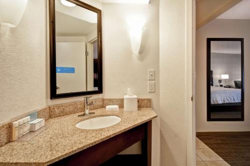 a bathroom with a sink and a mirror and a bed at Hampton Inn Overland Park in Overland Park
