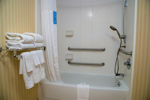a bathroom with a shower and a tub and towels at Hampton Inn Lewisburg in Lewisburg