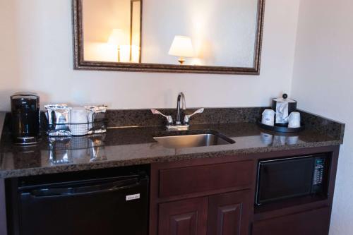 a kitchen counter with a sink and a mirror at Hampton Inn - North Platte in North Platte