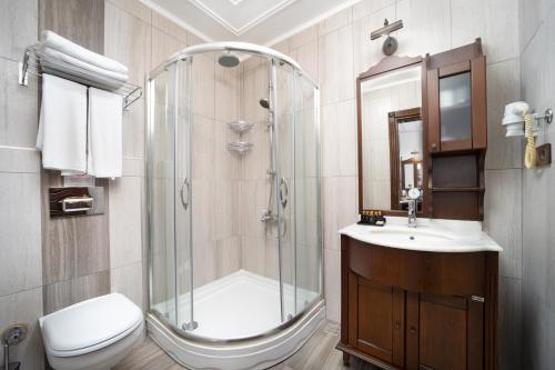 a bathroom with a shower and a toilet and a sink at Bender Hotel in Istanbul