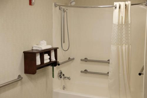a bathroom with a shower and a shower curtain at Hampton Inn Lima in Lima