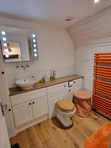 a bathroom with a sink and a toilet and a mirror at Square Oast Studio in West Malling