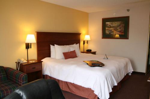 a hotel room with a large bed and a chair at Hampton Inn Laurinburg in Laurinburg