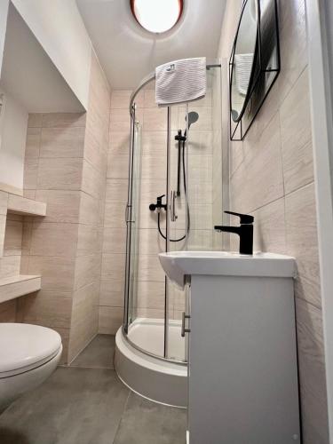 a bathroom with a shower and a sink and a toilet at Familly Apartament 6 in Międzyzdroje
