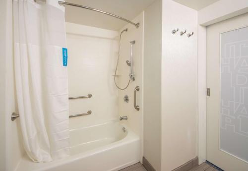 La salle de bains est pourvue d'une douche et d'une baignoire blanche. dans l'établissement Hampton Inn Lakeland, à Lakeland