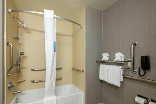 a bathroom with a shower and a bath tub at Hampton Inn Meadville in Meadville