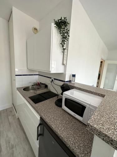 une cuisine avec un comptoir avec un micro-ondes dans l'établissement Le Bleu Arrageois, à Arras