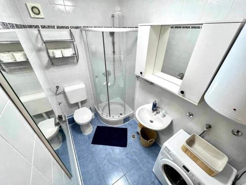 a bathroom with a shower and a toilet and a sink at Apartments Possedaria in Posedarje