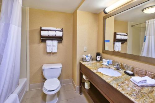 a bathroom with a toilet and a sink and a mirror at Hampton Inn Marietta in Marietta