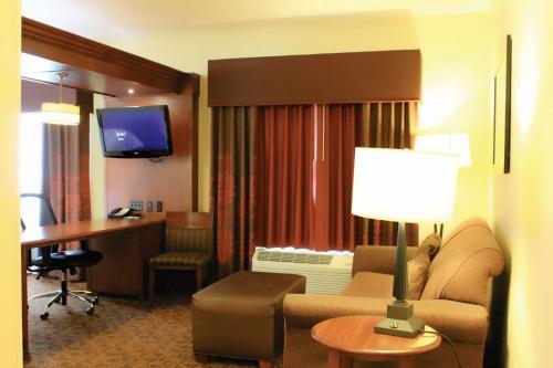 a hotel room with a couch and a desk and a computer at Hampton Inn & Suites McAllen in McAllen