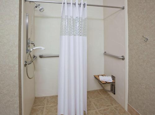 La salle de bains est pourvue d'une douche avec rideau de douche. dans l'établissement Hampton Inn Mitchell, à Mitchell
