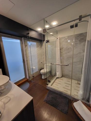a bathroom with a glass shower with a toilet at DELUXE APARTMENT PUERTO VALLARTA in Puerto Vallarta