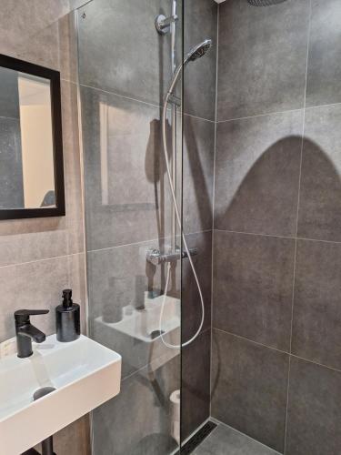 a shower with a glass door next to a sink at Perfect studio 14H center Rotterdam in Rotterdam