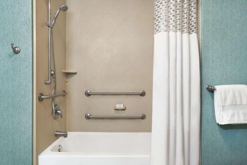 a bathroom with a tub and a shower curtain at Hampton Inn & Suites Grafton in Grafton