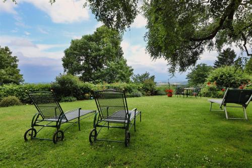 a group of chairs sitting in the grass at Kurhaus Dr. Petershofer in Wolfsegg am Hausruck
