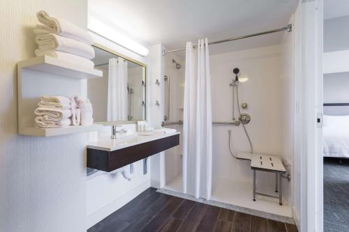 a bathroom with a sink and a mirror at Hampton Inn Manassas in Manassas